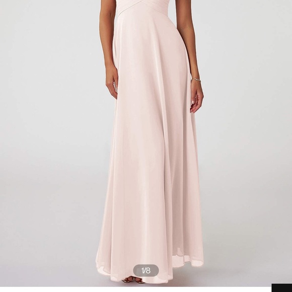 Azazie LongTessie Dress in “Rose Petal” women’s 2 pink chiffon wedding V Neck - Picture 7 of 9